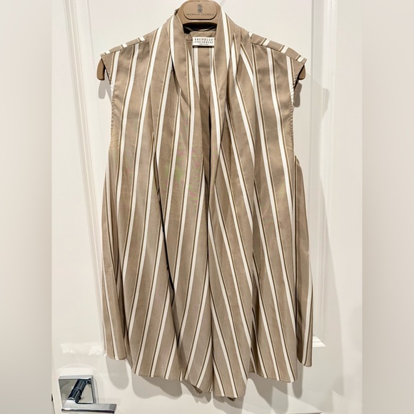 BRUNELLO CUCINELLI Striped silk top (open front) w leather belt Dark Beige Small - Picture 7 of 11